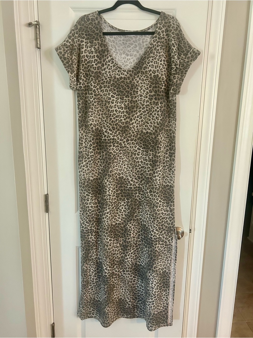 Leopard Print V-Neck Maxi Dress in Beige and Grey